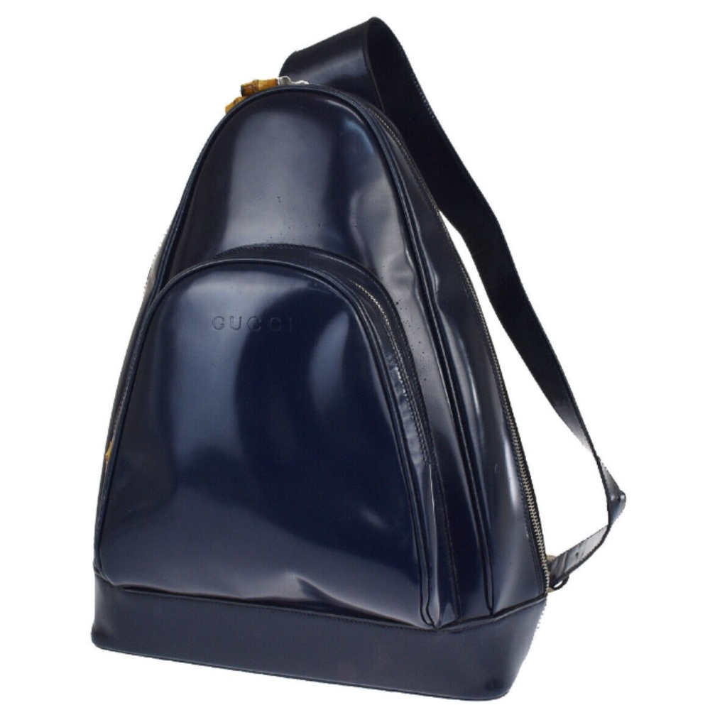 GUCCI Logo Bamboo Shoulder Bag/Backpack Navy Blue Leather Made In Italy
